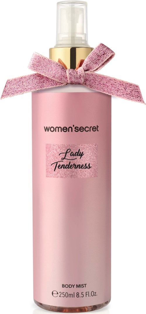 Pink body mist bottle with a pink ribbon, labeled 'Women secret Lady Tenderness', 250ml, with a spray top.