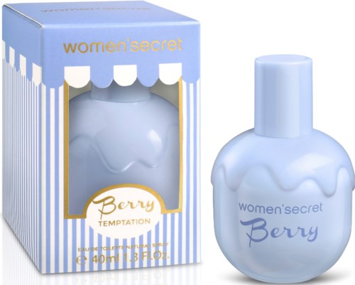 A perfume bottle and box with blue and white strawberry design, labeled women's secret Berry, Temptation.