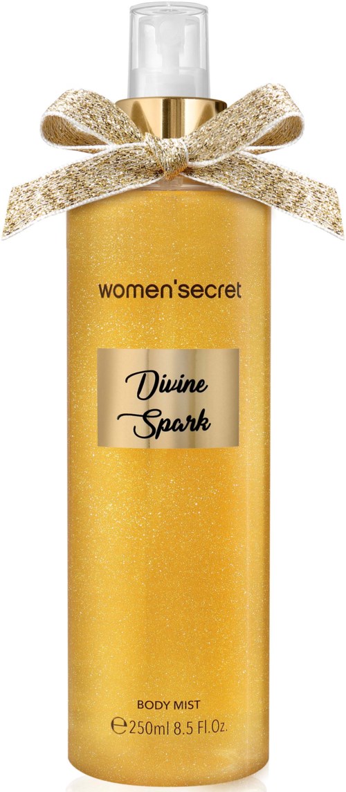 En gullfarget kroppssprayflaske med en glittergull sløyfe, merket 'women'secret Divine Spark,' 250ml størrelse.