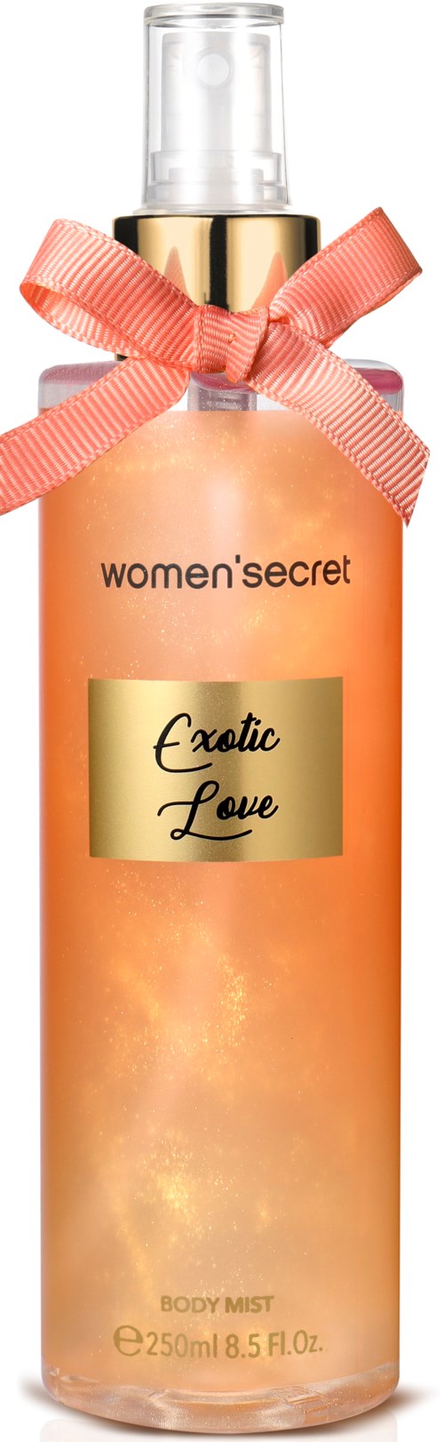 Violetti suihkepullo, jossa on kultainen tarra 'Exotic Love' ja vaaleanpunainen rusetti kaulassa.