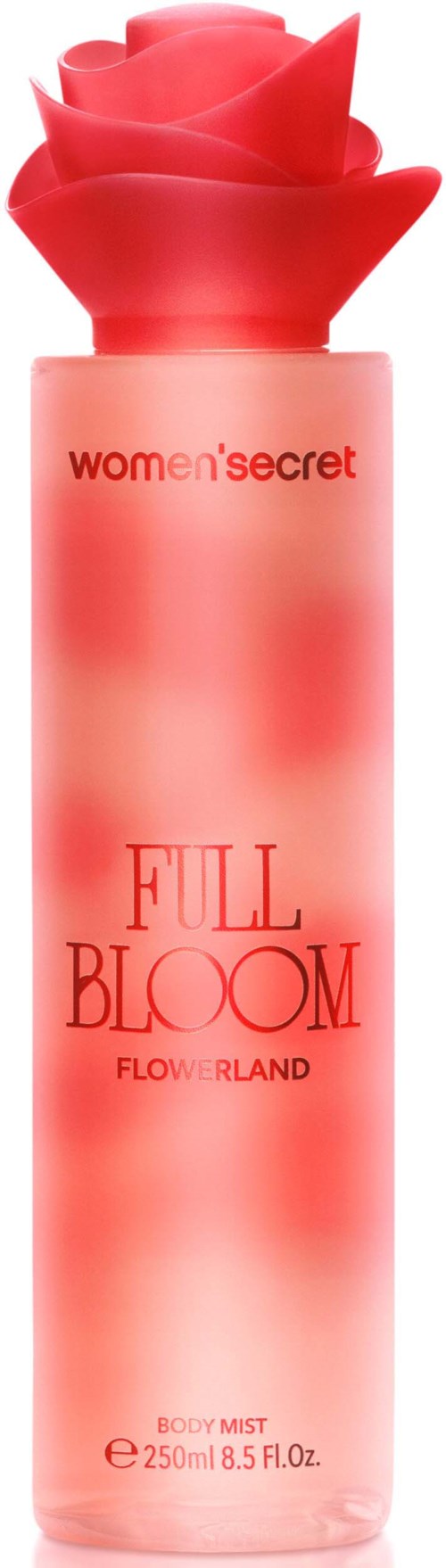 Een roze lichaamsmistfles met een roosvormige dop, label 'Full Bloom' door Women'Secret.