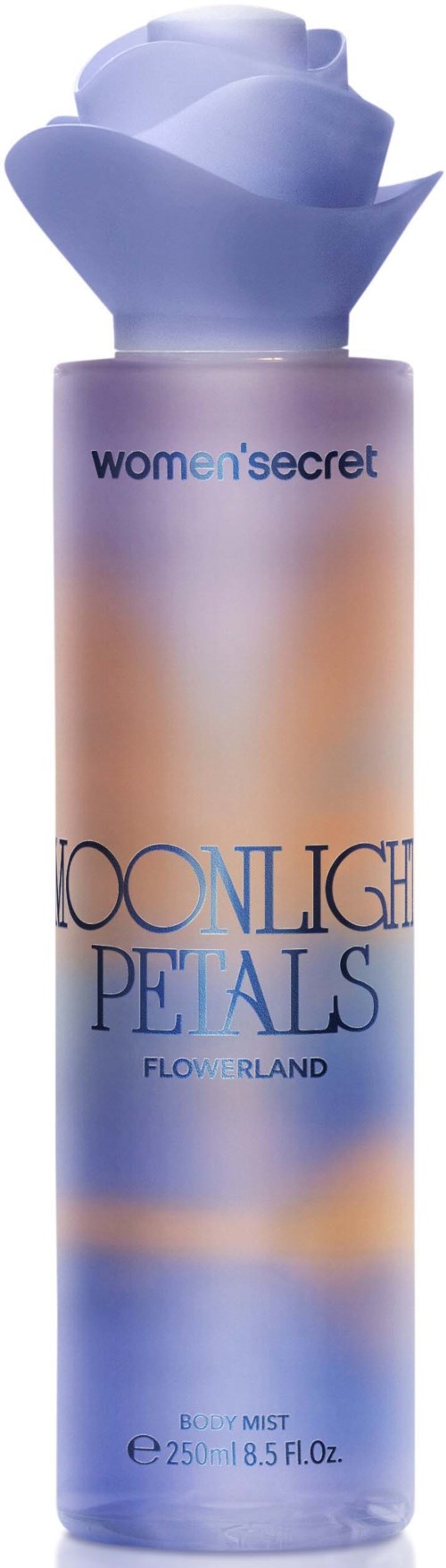En sprayflaska med lila lock som är formad som en blomma, märkt 'women's secret' och 'moonlight petals'.
