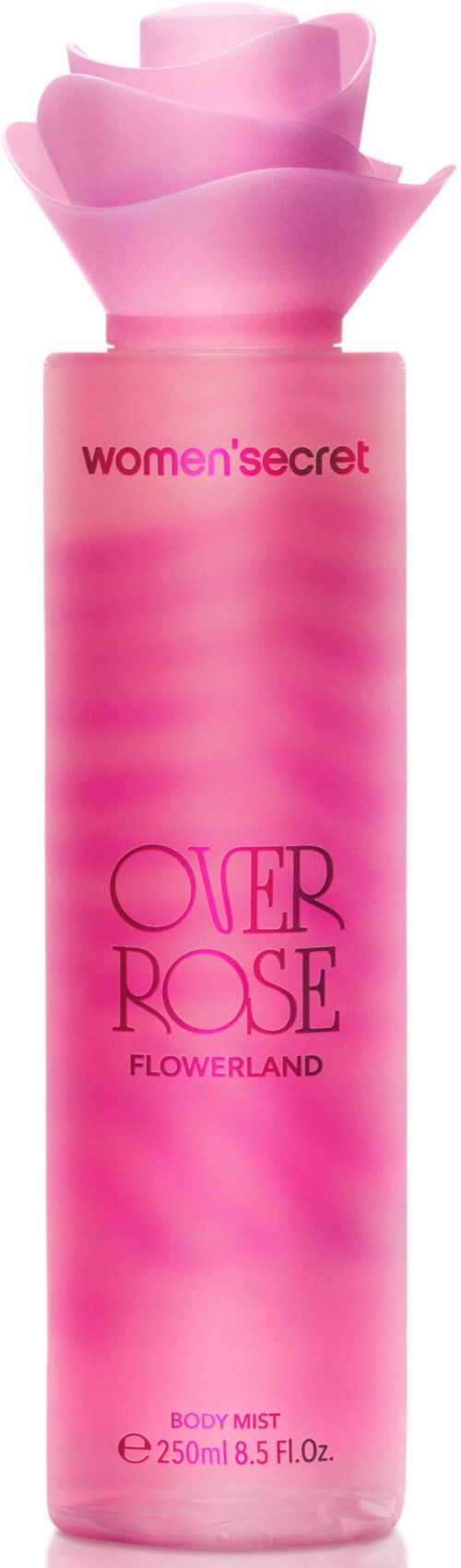 Een roze sprayfles met een rozenvormige dop, gemarkeerd 'Over Rose' en 'Women' Secret, wordt verticaal weergegeven.