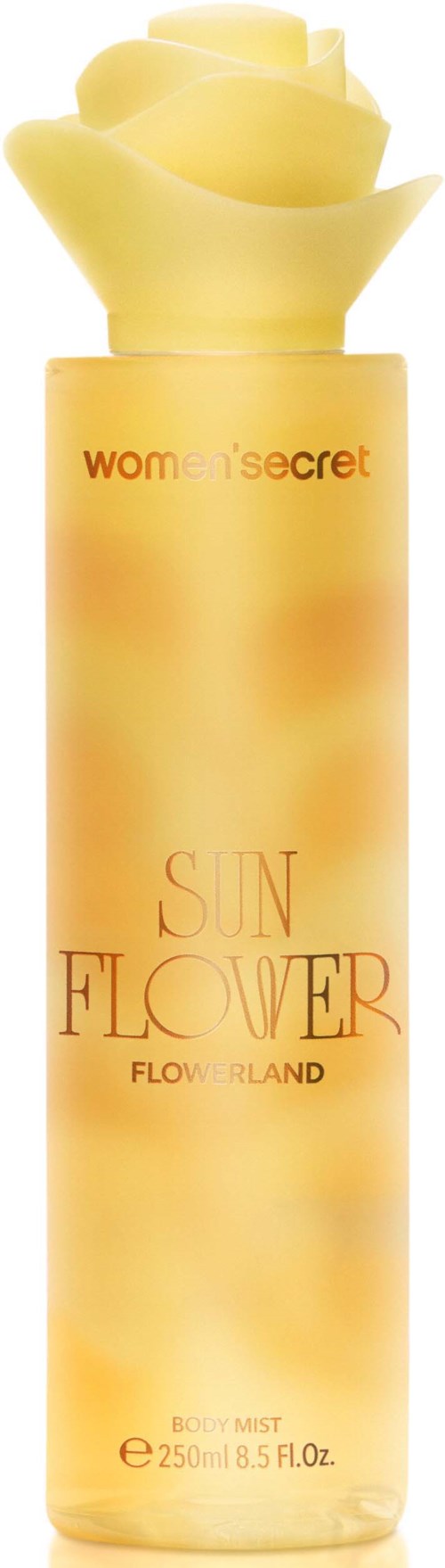 En lang gul flaske med et rosenlignende lokk, merket 'Sun Flower' og 'Women'Secret' for body mist.