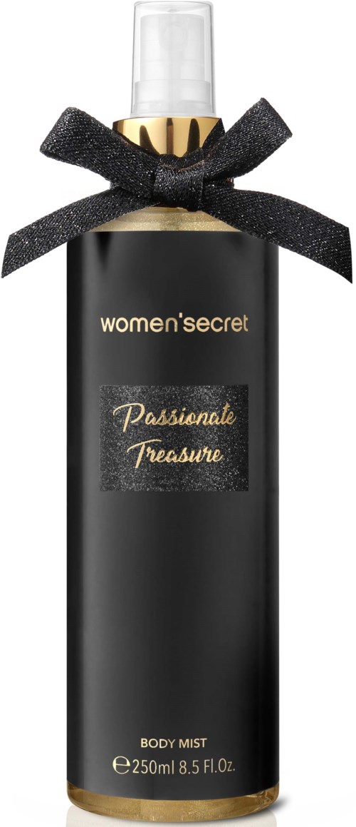 Een zwarte spuitfles met label 'Women'Secret Passionate Treasure' en zwarte strik met gouden accenten.