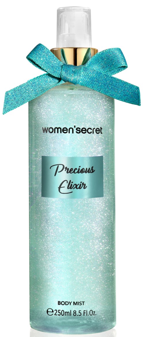 En lang, lys blå kroppssprayflaske med gullhette, bundet med et blått bånd, merket "Women'Secret Precious Elixir."