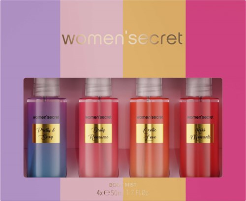 Vier lichaamsflesjes in paars, roze, oranje en rood met een kleurrijke achtergrond en tekst 'women's secret'.