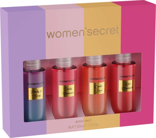 Vijf flessen Women's Secret lichaamsgeuren in kleurrijke verpakking in een roze doos.