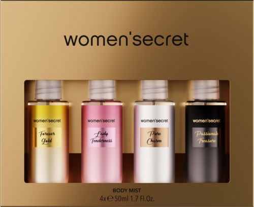 Vier body mist-flessen in verschillende kleuren in een goud- en zwarte doos. De set bevat Forever Gold, Lady Tenderness, Pure Charm en Poshental Treasure.