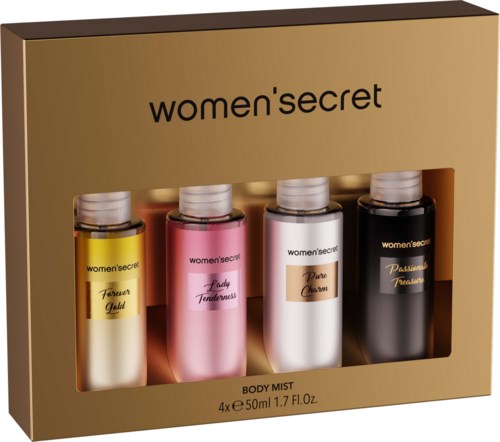 Een set van vier kleine flessen lichaamsmist voor vrouwen in verschillende kleuren in een gouden doos. De merknaam is women'ssecret.