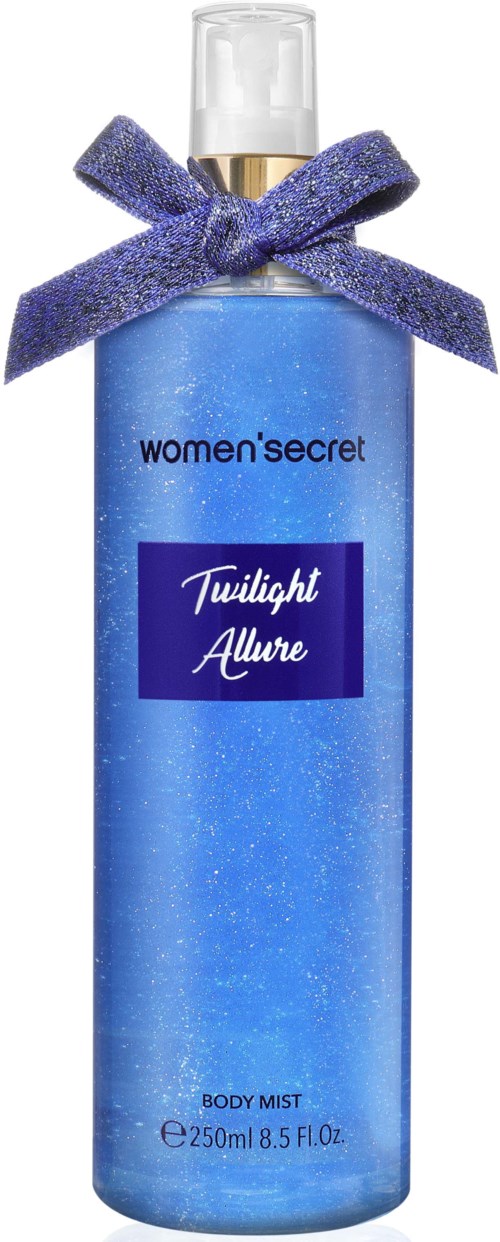 En blå kroppssprayflaske med lilla sløyfe, merket 'women'secret Twilight Allure,' 250 ml.
