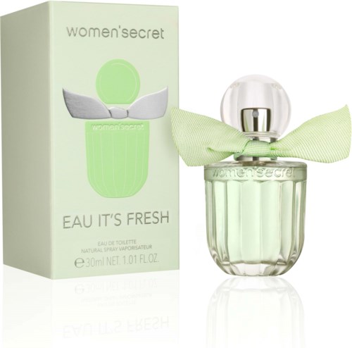 Ein Parfümflasche mit grünem und klarem Design neben einer Box mit der Aufschrift 'Women'Secret Eau It's Fresh.'