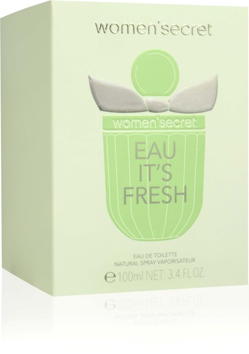 Hellgrüne Box mit Parfümflasche und den Worten "Eau It's Fresh" und "women's secret".