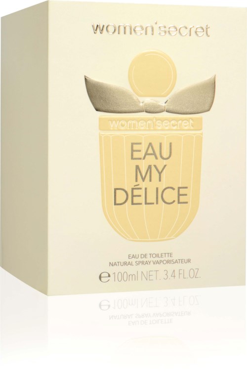 Een parfumverpakking met een eenvoudig ontwerp, met een gele fles en de woorden "Eau My Délice" en "Women Secret."