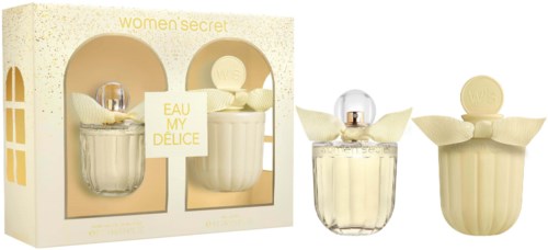 Een cadeau set met parfum met twee flessen in pastelkleuren, een met bloemvormige dop, en verpakking met vensters.