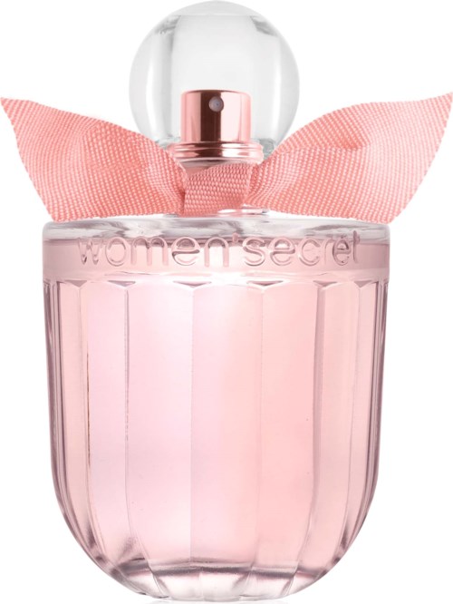 Roze parfumfles met grote, heldere dop en een roze strik rond de hals.