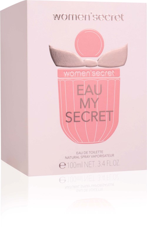 Roze parfumverpakking met ronde dop, gelabeld 'Women Secret Eau My Secret' en 100 ml.