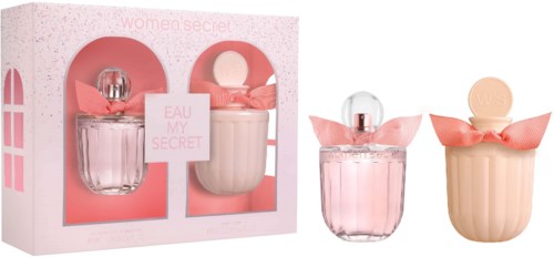 Ett parfymset med två flaskor, en rosa och en beige, med rosetter och lock, i en rosa förpackning.