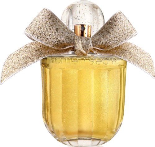 Ein Parfümflakon mit großem, glänzendem Band; durchsichtiger Glas mit goldenem Inhalt.