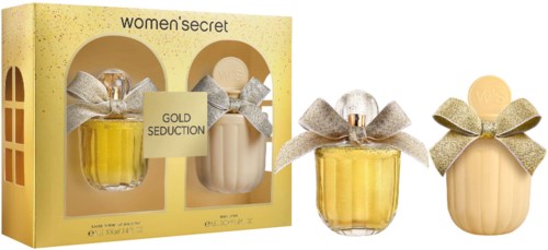 Twee parfumflesjes met strikken, een in gel en een in crème, samen met passende verpakking.