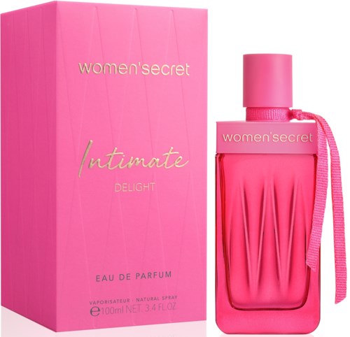 Pink parfymeflaske og eske, begge merket 'women'secret intimate delight' og 'eau de parfum,' med rosa bånd.