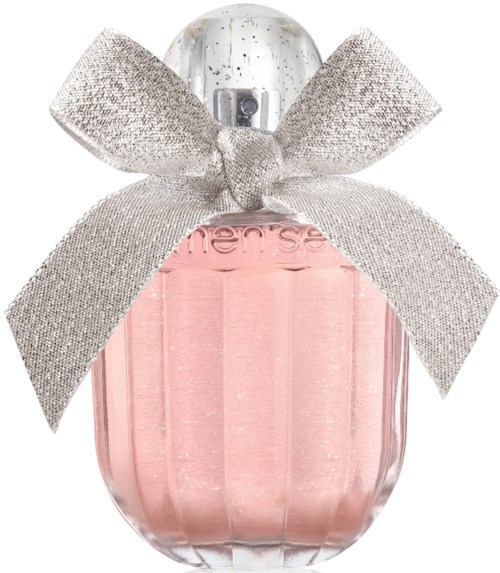A pink perfume bottle with a silver cap and a silver ribbon bow on top.