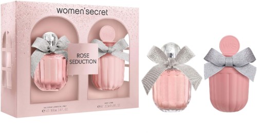 Twee kleine roze parfumflesjes met zilveren strikken, onderdeel van Women's Secret Rose Seduction set.