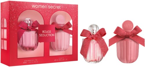Women Secret -hajuvesi setti, jossa on pinkit pullot, punaiset nauhat ja pinkki pakkaukset, joissa lukee 'Rouge Seduction'.