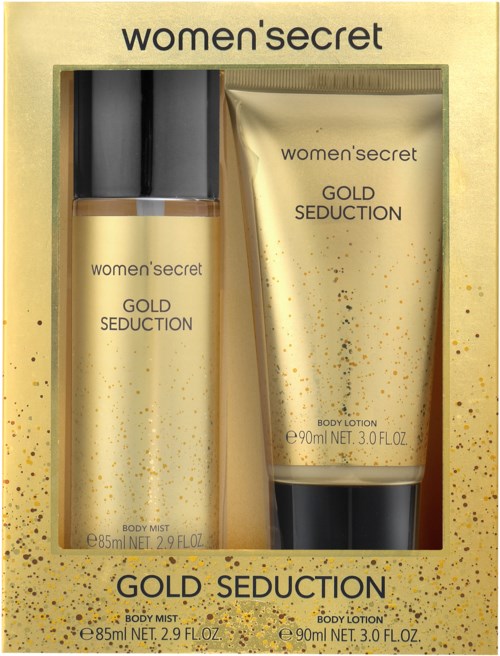 Een doos bevat twee goudkleurige producten van Women'Secret: een bodyspray en een bodylotion, beide genaamd Gold Seduction.