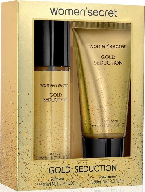 De verpakking bevat een bodyspray en lotion, beide met 'Gold Seduction' erop, in een gouden doos voor Women' Secret.