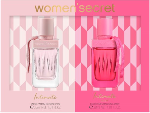 Two bottles of women's secret perfume, one light pink and one darker pink, with patterned background and pink accents.