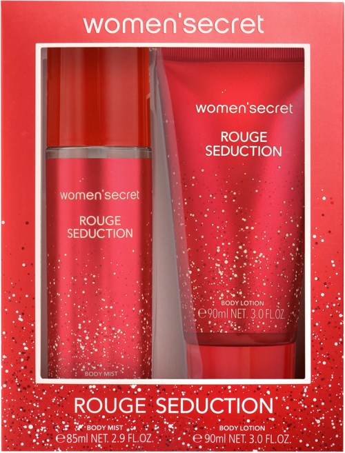 Een rood cadeaupakket met twee huidverzorgingsproducten: een body mist en een bodylotion, beide gemerkt 'Rouge Seduction' van Women's Secret.