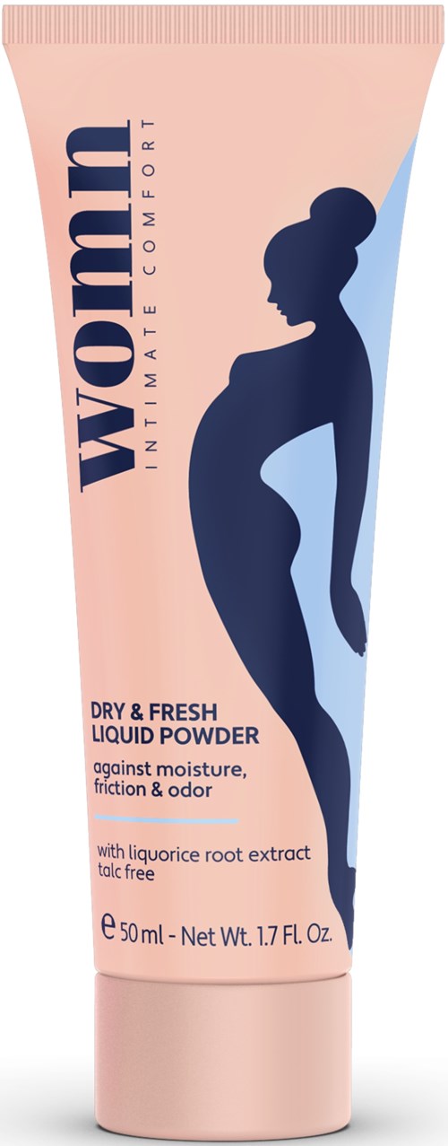 Eine rosa Tube mit der Aufschrift 'Women in the Moment' enthält trockenes und frisches flüssiges Pulver, mit einer blauen Silhouette einer Frau.