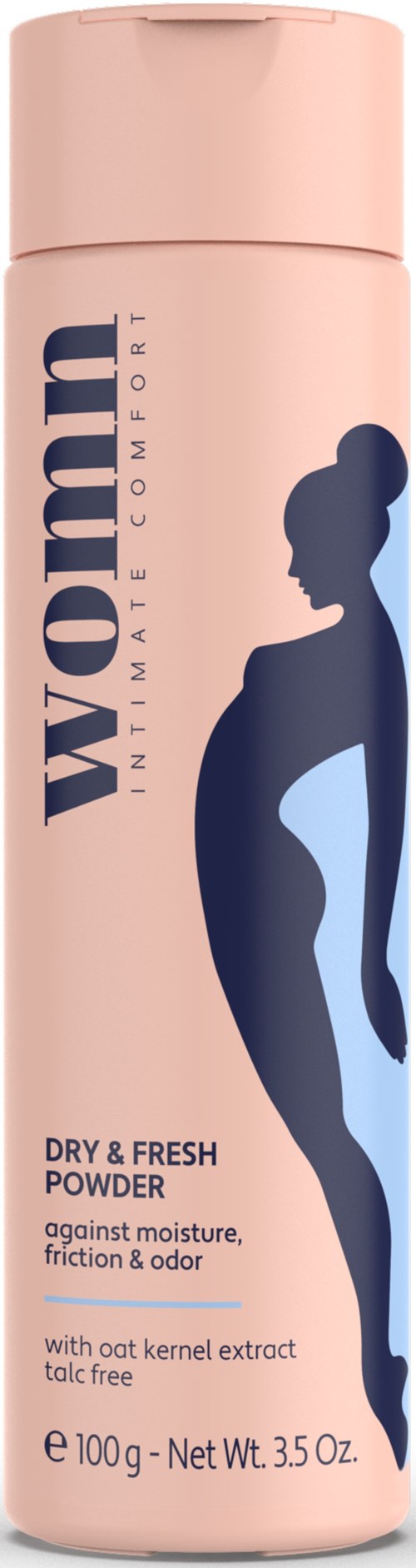 Eine rosa Pulverflasche mit Silhouette einer Frau und Text über Feuchtigkeits- und Geruchsschutz.