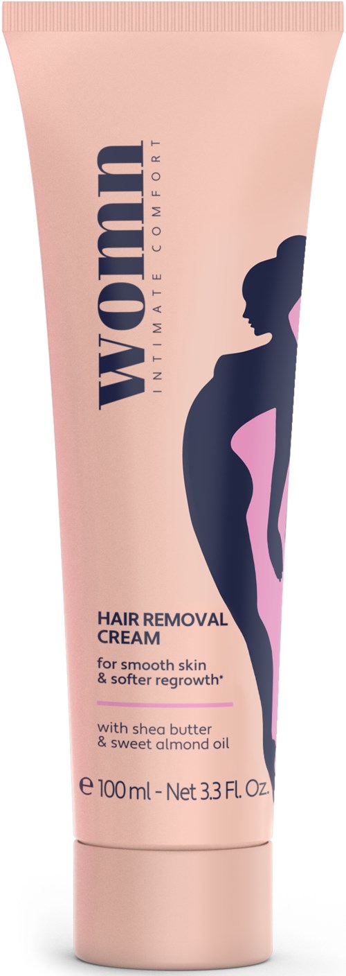 Ein rosa Tube Haarentfernungscreme mit Silhouette einer Frau und Produktdetails.