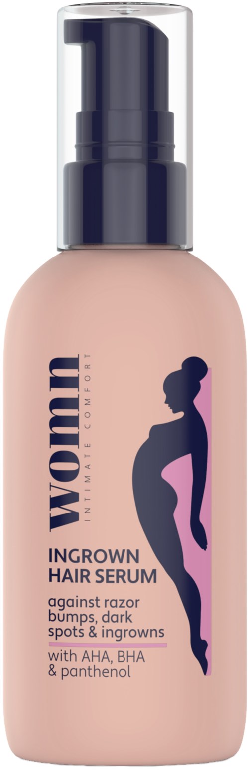 Eine rosa Flasche Frauen-Haarextraktionsserum mit dunkler Silhouette einer schwangeren Frau und Produktdetails.