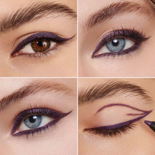 Bildet visar fyra bilder som visar olika sminkstilar för ögonen, inklusive lila eyeliner och penntekniker.