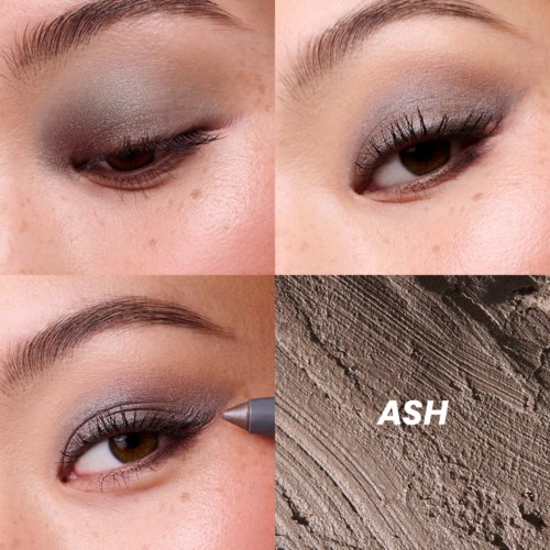 Nahaufnahme von Augen mit Make-up, inklusive Lidschatten, Eyeliner und Mascara, sowie eine strukturierte Schattenfarbe namens 'ASH'.