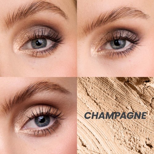 Nahaufnahme eines Frauenauges mit Make-up und einem champagnerfarbenen Hintergrund mit der Aufschrift 'CHAMPAGNE'.