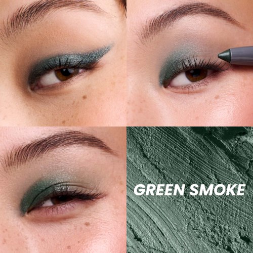 Make-up auf den Augenlidern, mit grünem Lidschatten und einem Eyelinerstift.