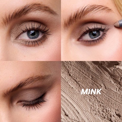 Nahaufnahme eines Frauengesichts mit Augen Make-up und einem strukturierten Kosmetikprodukt namens Mink.