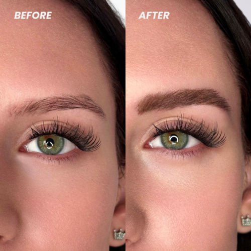 A close-up of an eye before and after eyelash enhancement showing more defined lashes and eyebrow change.