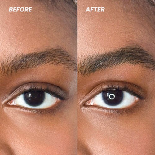 A close-up of eyes showing a difference before and after cosmetic or makeup enhancement. Eyebrows and skin appear smoother after.