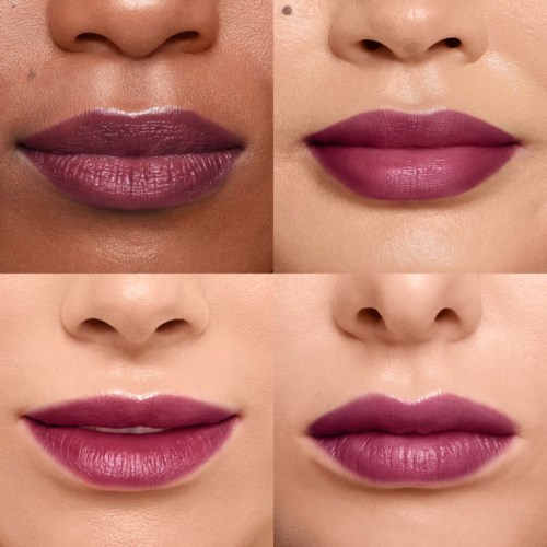 Vier Bilder mit unterschiedlichen Lippenstiftfarben, von Dunkelviolett bis Hellrosa, Nahaufnahme.