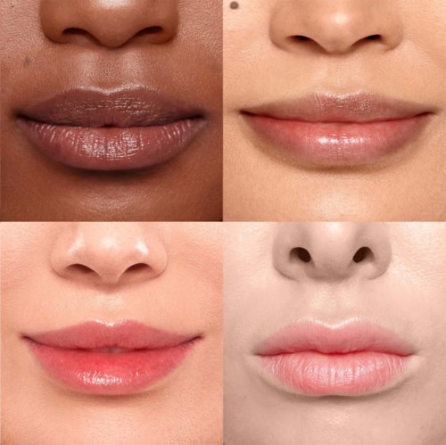Vier beelden van lippen in verschillende vormen en huidskleuren, sommige glimlachend of ontspannen.