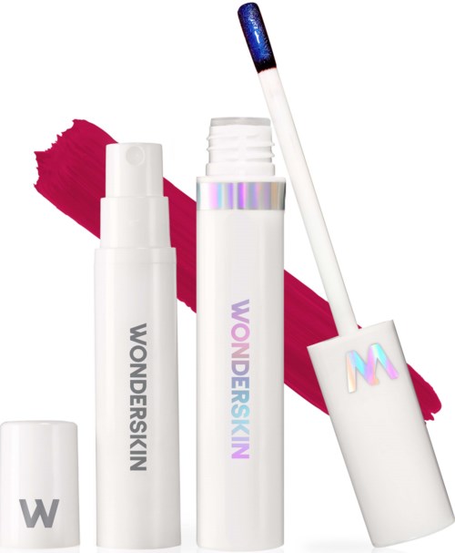 Lip gloss and lip balm tubes in white with colorful lettering and an attached applicator brush. Background has a pink brush stroke.