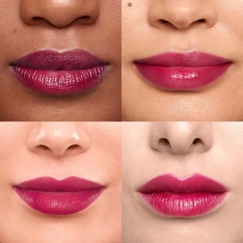The image shows different lips with varying shades of pink lipstick and glossy finishes.