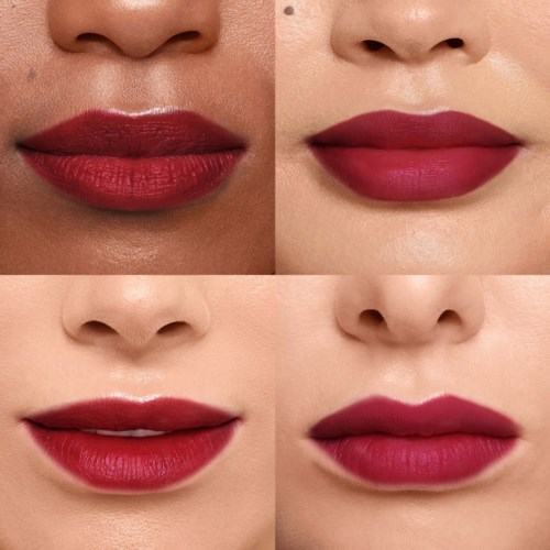Vergelijking van lippen met verschillende lipstickkleuren op diverse huidskleuren, toont make-upstijlen en kleurkeuzes.