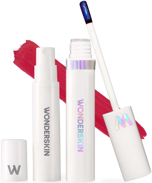 Lip gloss container with a white body and iridescent lettering, with a blue-tinted applicator wand. Red lipstick smear behind.
