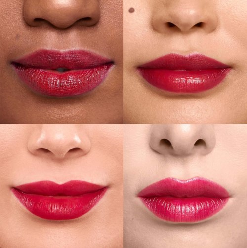 Before and after lipstick application on lips, showing different shades of red and pink.